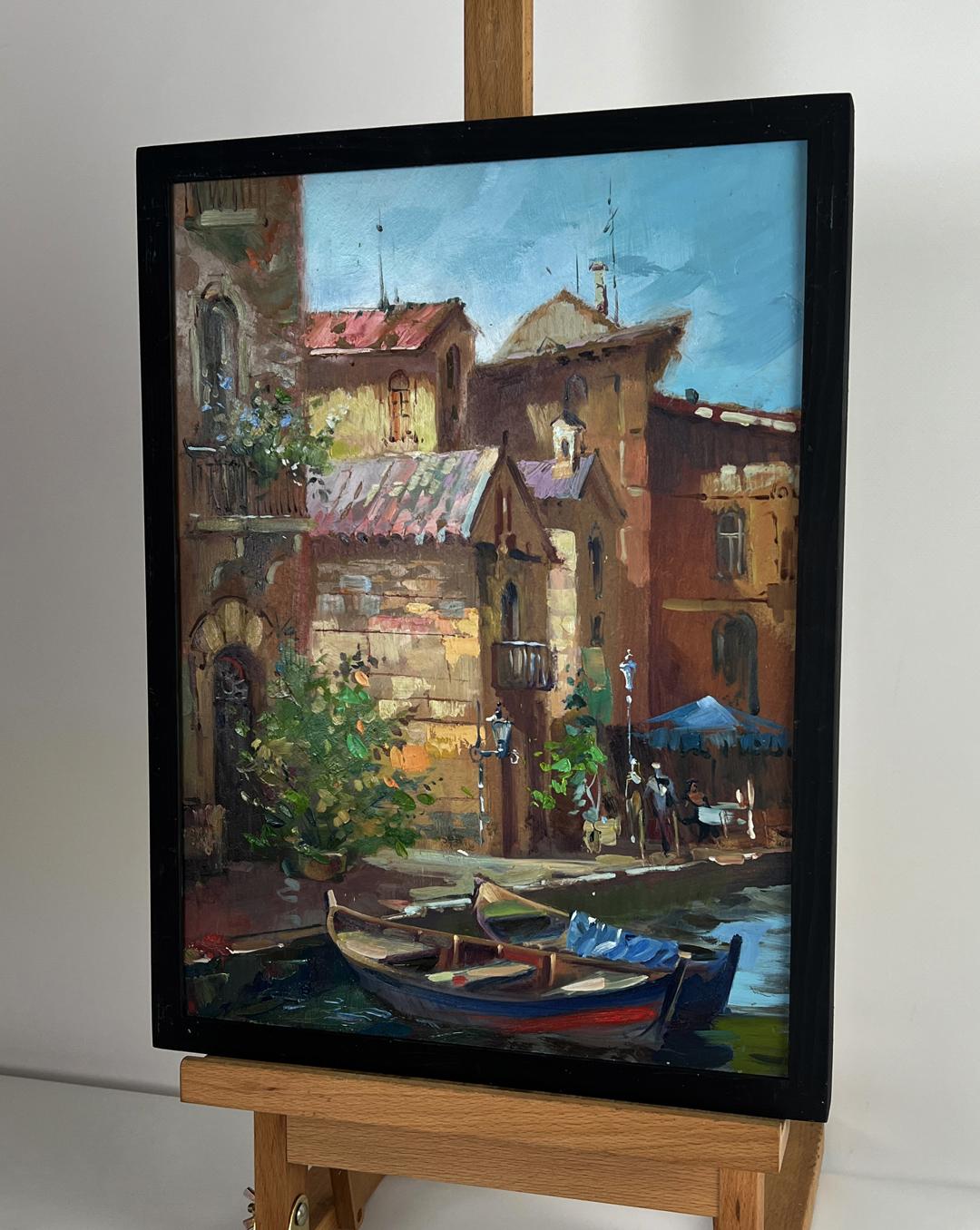 Framed oil painting of sunlit Venice canal by Yuriy Suprunchuk