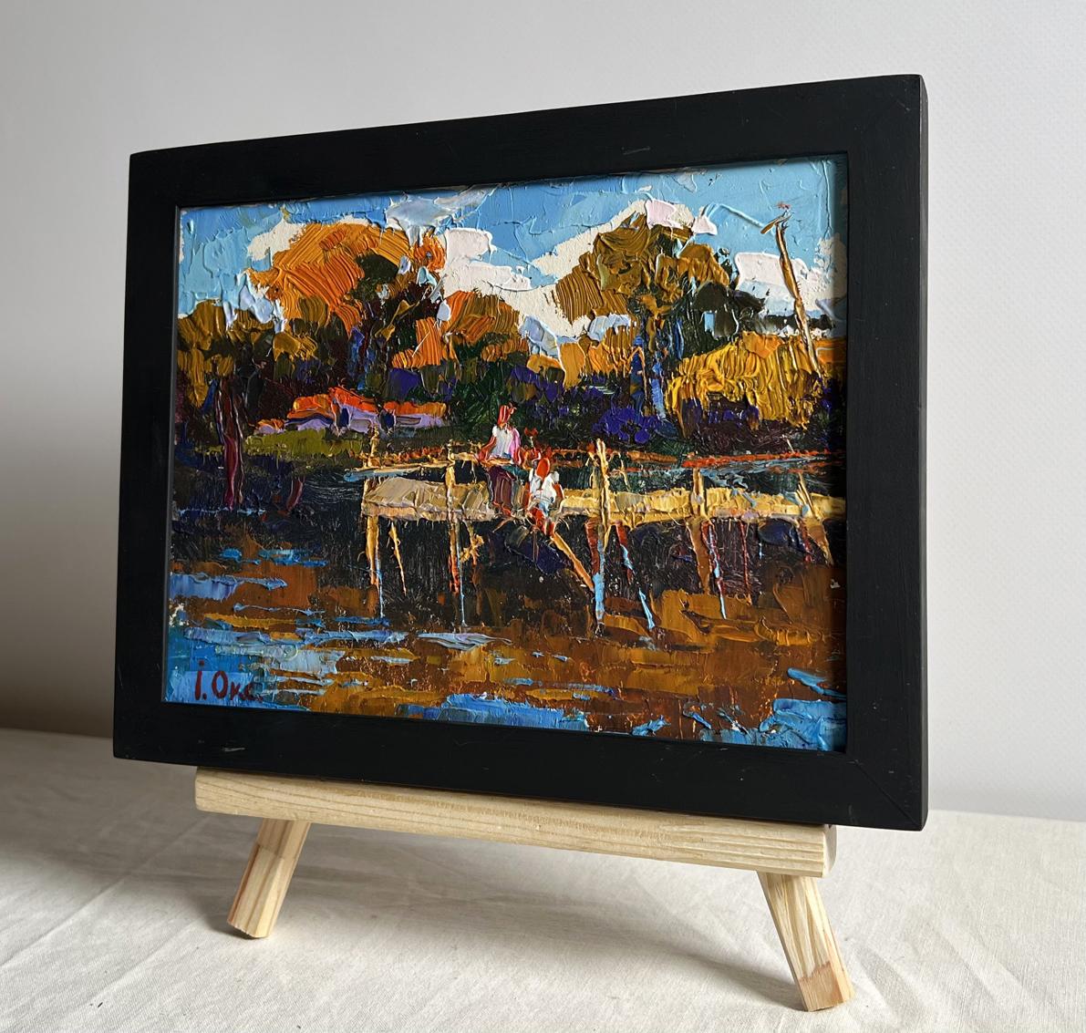 Black-framed impressionistic oil painting Evening freshness by the river by Oksana Ivanyuk