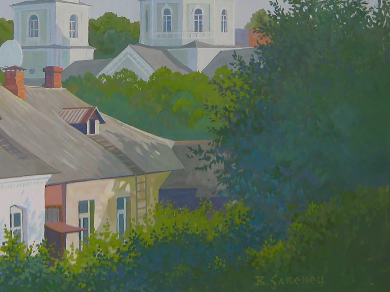 Serene village with church by Valery Savenets, acrylic painting