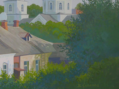 Serene village with church by Valery Savenets, acrylic painting