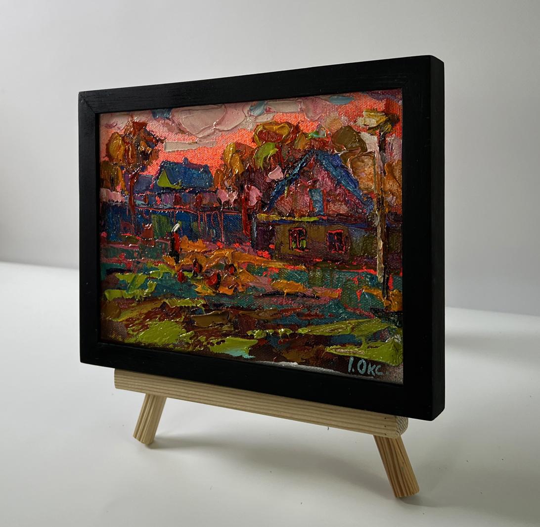 Oil painting Pink village evening by Oksana Ivanyuk in black frame