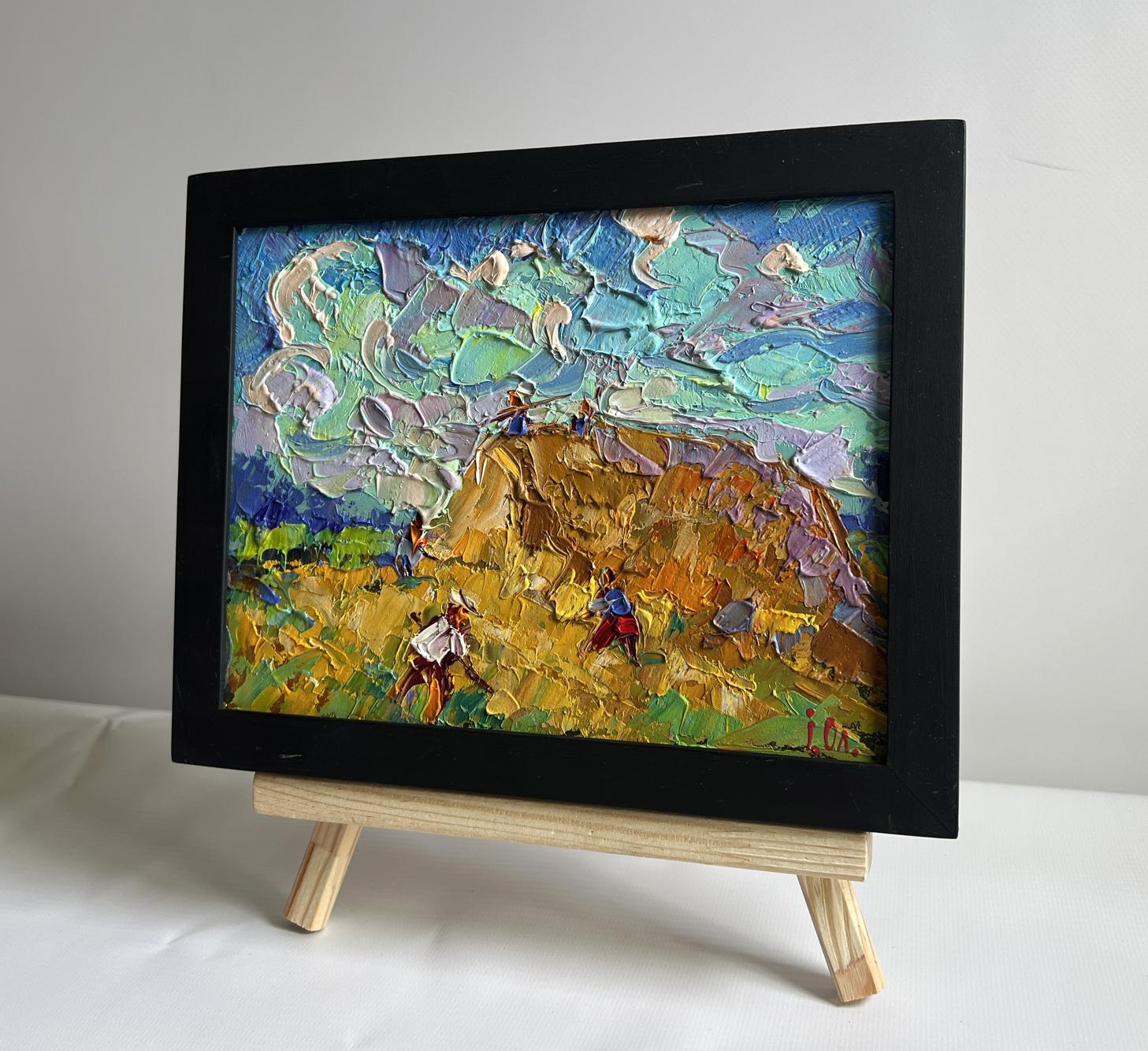 Oil painting Working in the field with hay by Oleksiy Ivanyuk in black frame
