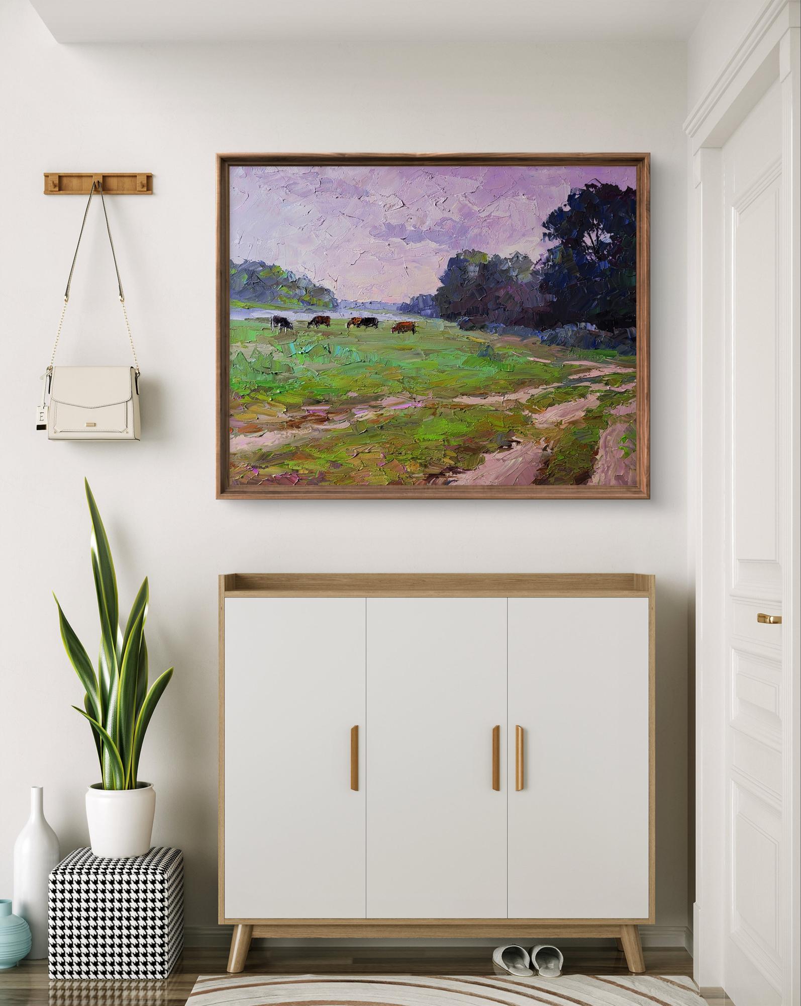 Framed impressionist oil painting Cows in the field by Boris Serdyuk