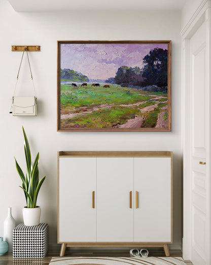 Framed impressionist oil painting Cows in the field by Boris Serdyuk