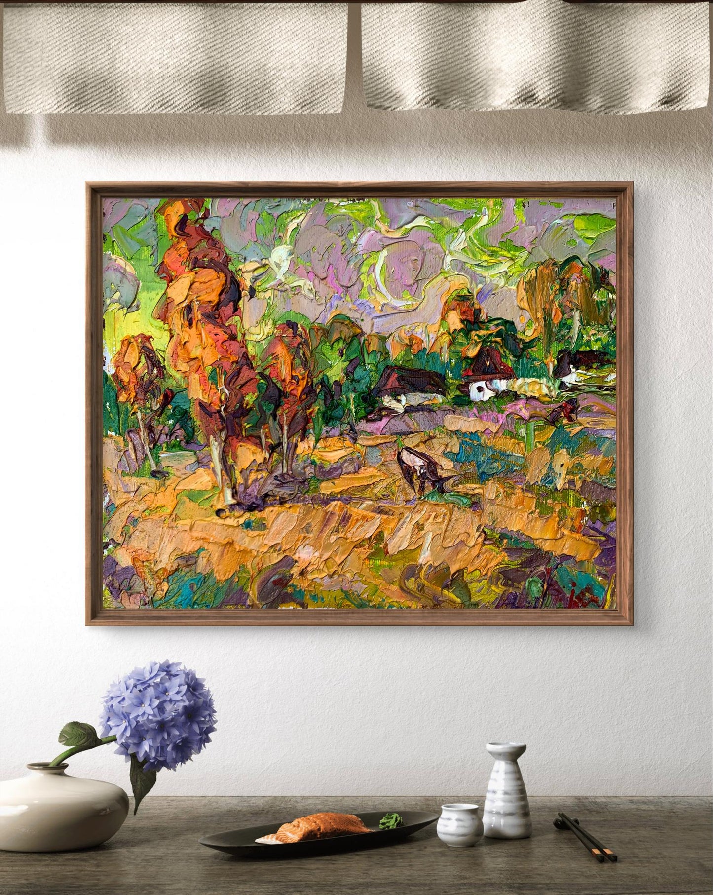 Vibrant impressionist oil painting of grazing cows by Ivanyuk Oleksiy in wooden frame