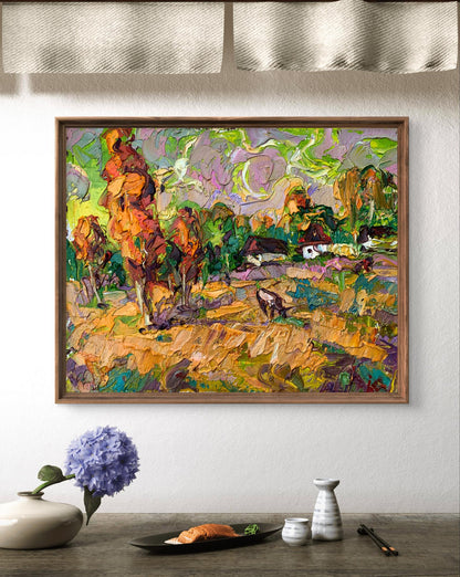 Vibrant impressionist oil painting of grazing cows by Ivanyuk Oleksiy in wooden frame