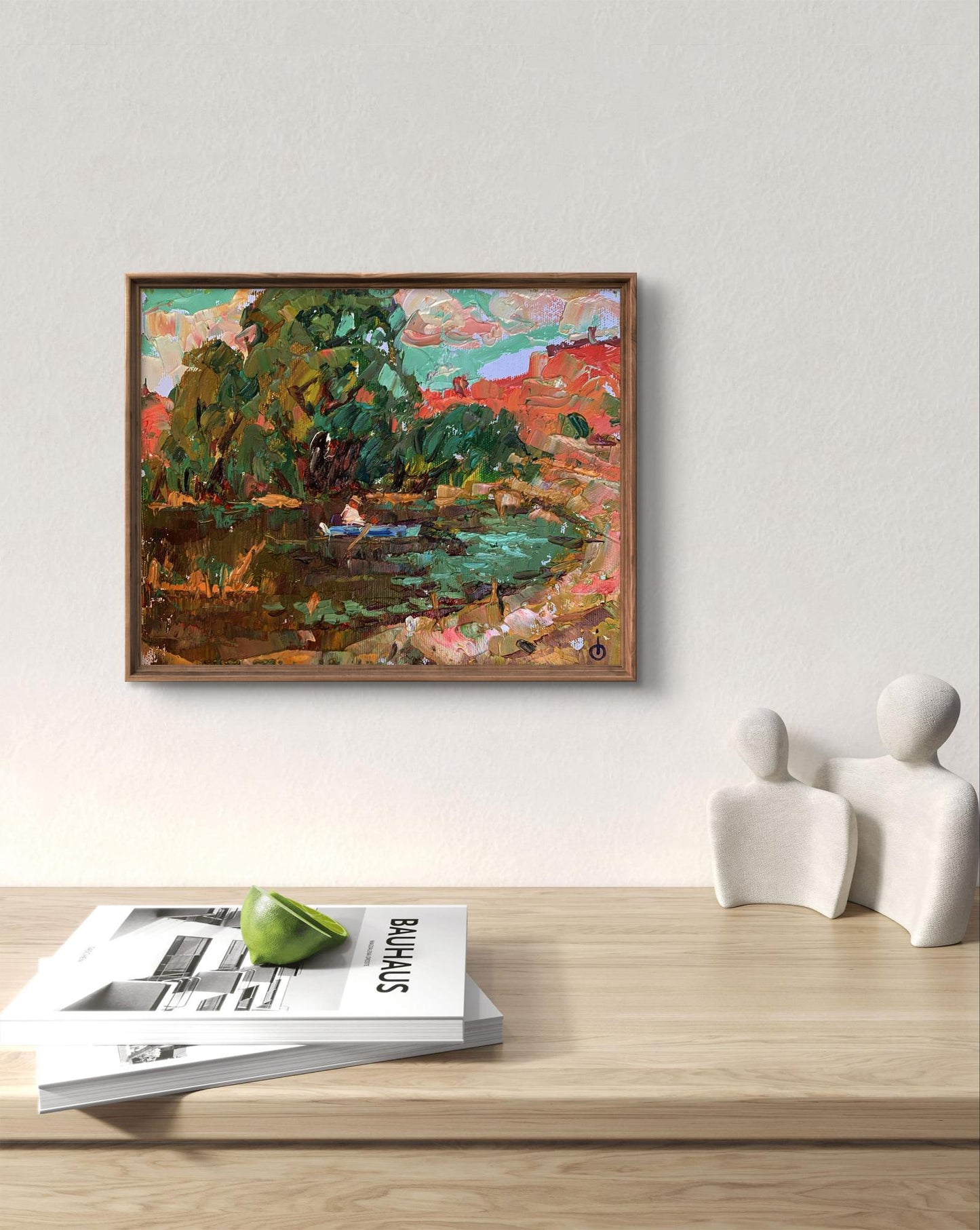 Framed abstract landscape oil painting On a blue boat by Oleksiy Ivanyuk