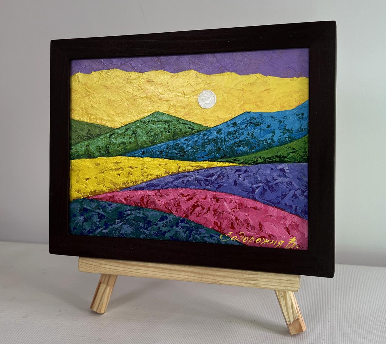 Oil painting Warm sunset evening V. Zadorozhnya vibrant textured landscape in black frame