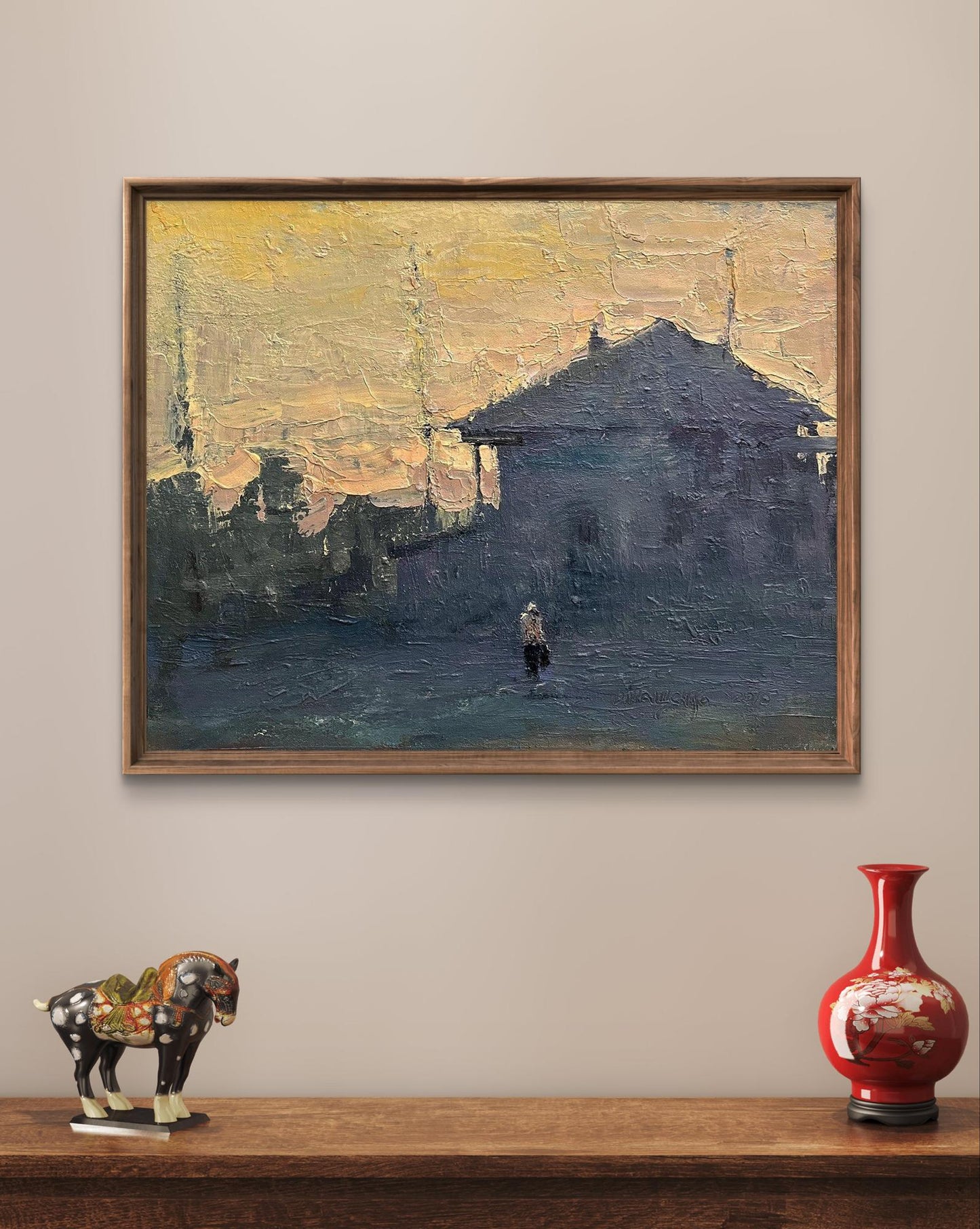 Oil painting of church construction in village by Volodymyr Pashchenko