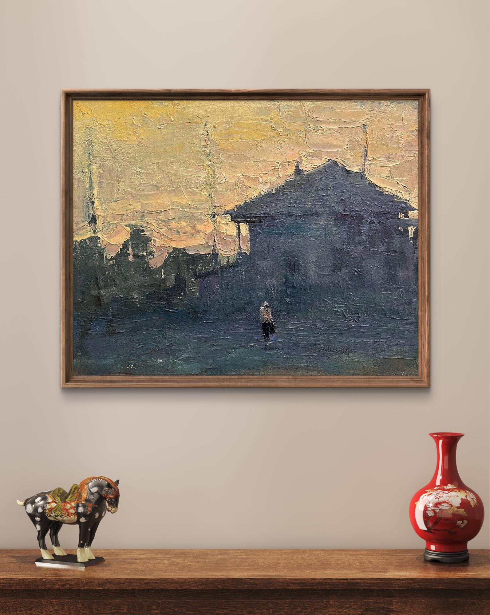 Oil painting of church construction in village by Volodymyr Pashchenko