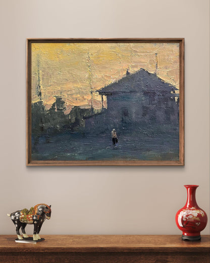 Oil painting of church construction in village by Volodymyr Pashchenko