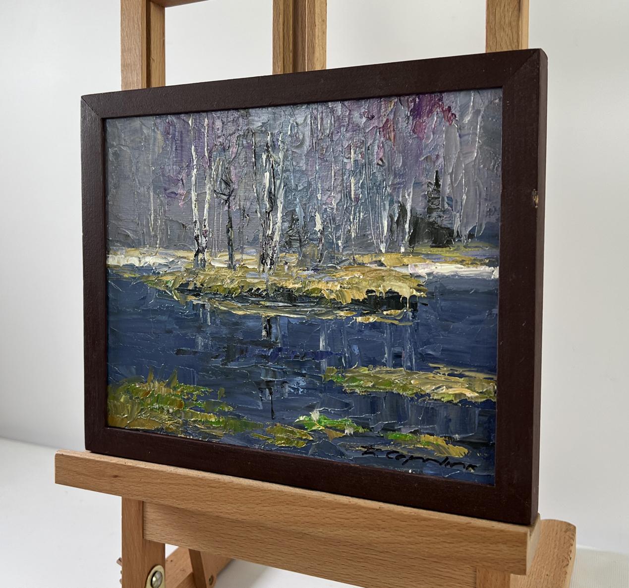 Oil painting Snow melts in March by Boris Serdyuk lakeside scene
