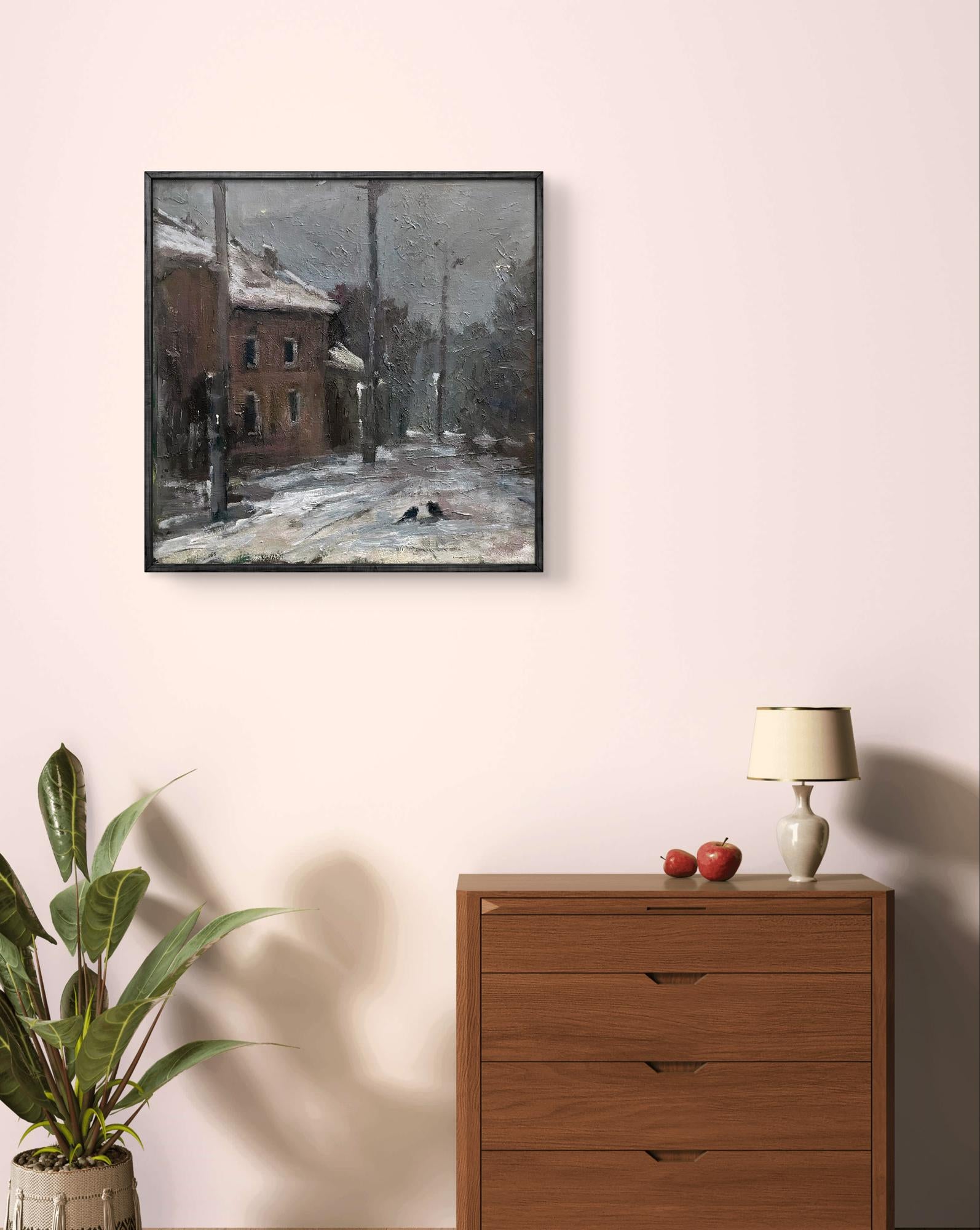 Framed oil painting Winter on the city streets by Volodymyr Pashchenko