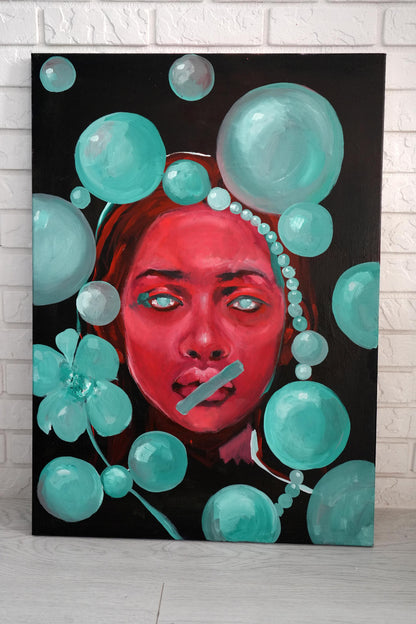 Vibrant red-faced oil portrait Enforced Silence by Victoria Kagalovska with turquoise bubbles and flowers on black background