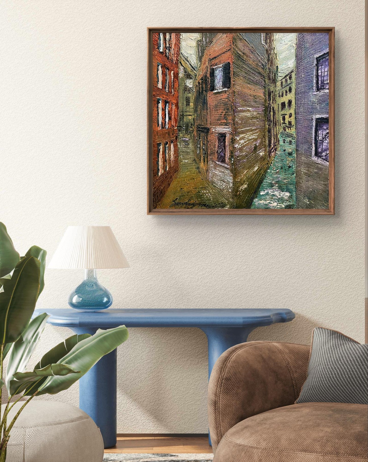 Framed Oil Painting Different by Serhiy Kovalev: narrow canal in earth tones