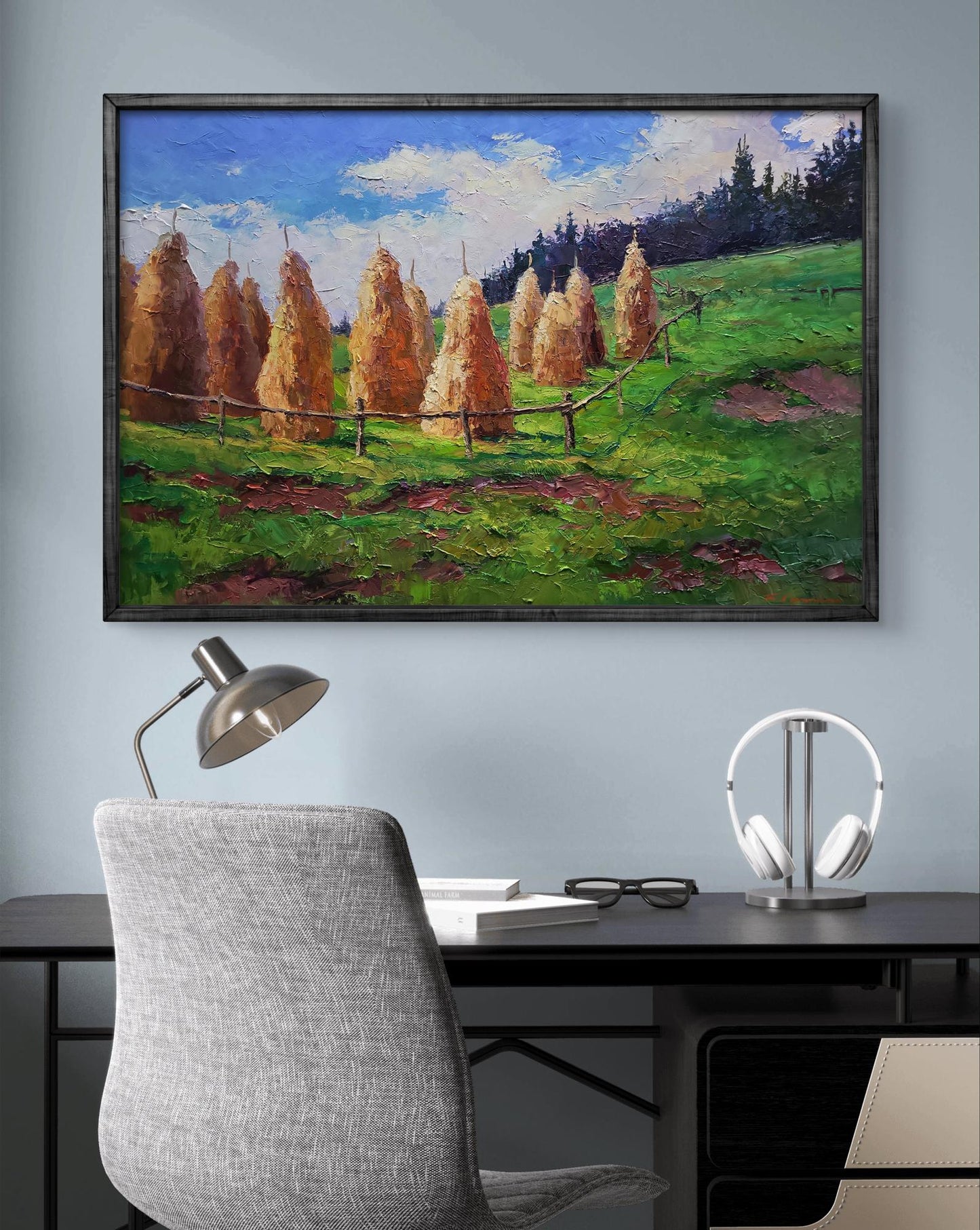 Oil painting Haystacks in the mountains by Boris Serdyuk in dark wood frame