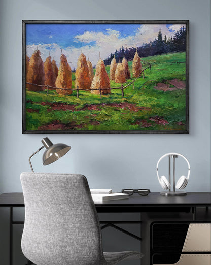 Oil painting Haystacks in the mountains by Boris Serdyuk in dark wood frame