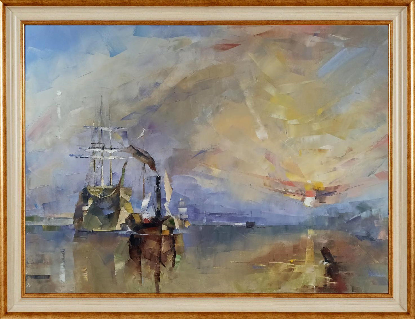 Framed Oil Painting Shining Volodymyr Gluhomanyuk ship under colorful sky