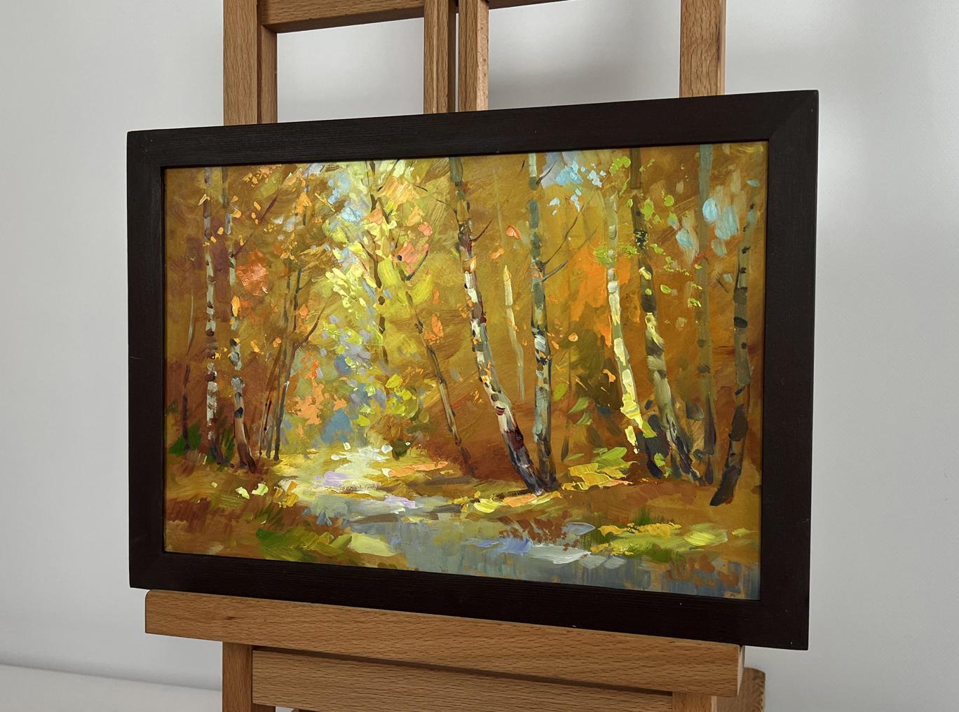 Oil painting Autumn birch grove by Yuriy Suprunchuk, warm forest scene