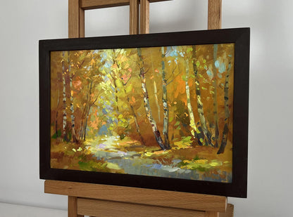 Oil painting Autumn birch grove by Yuriy Suprunchuk, warm forest scene