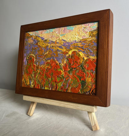 Oil painting Autumn Crimson by Oleksiy Ivanyuk, vibrant poppy field in reds and golds