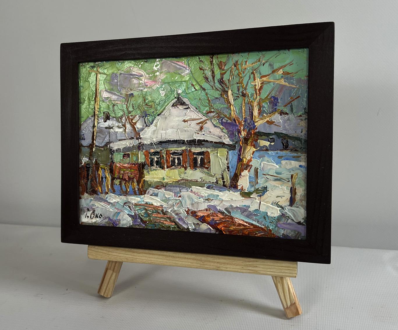 Oil painting Saturday winter day by Oksana Ivanyuk in dark wood frame