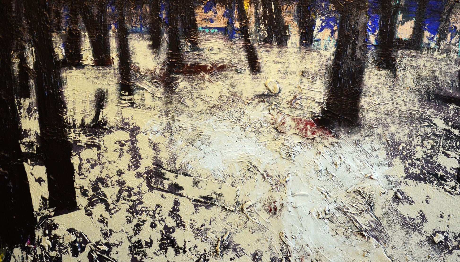 Oil painting Silver Forest by Natalia Korf-Ivaniuk, abstract textured black white blue forest scene