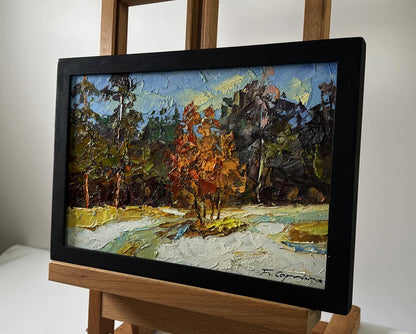 Framed oil painting The first snow fell by Boris Serdyuk, vibrant autumn landscape
