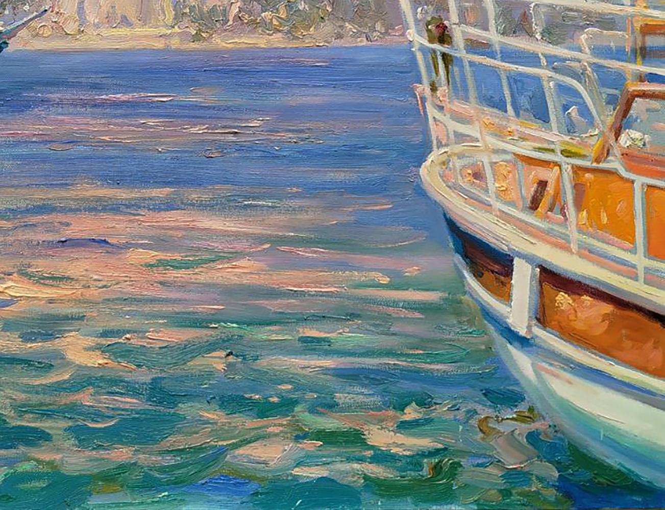Oil painting of classic wooden boat near sunny beach by Leonid Pavlenko