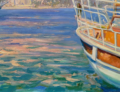 Oil painting of classic wooden boat near sunny beach by Leonid Pavlenko