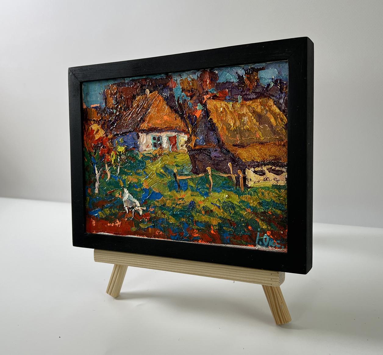 Oil painting The sun over the village by Oksana Ivanyuk, vibrant rustic scene framed in black
