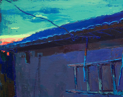 Oil painting Evening at Home by Natalia Korf-Ivaniuk: textured roofline under teal sky