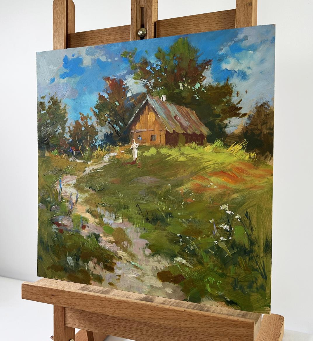 Impressionistic oil painting of rustic house on hill by Yuriy Suprunchuk