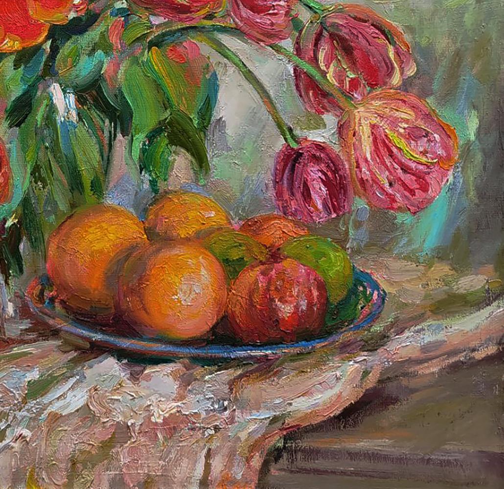 Oil painting by Leonid Pavlenko: fruits and tulips on blue plate