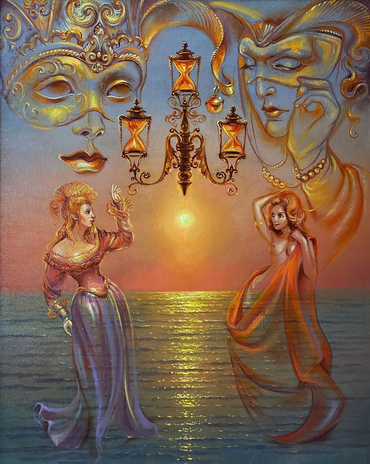Golden ornate chandelier with sandglass lamps above sunset sea in Venetian Dream painting