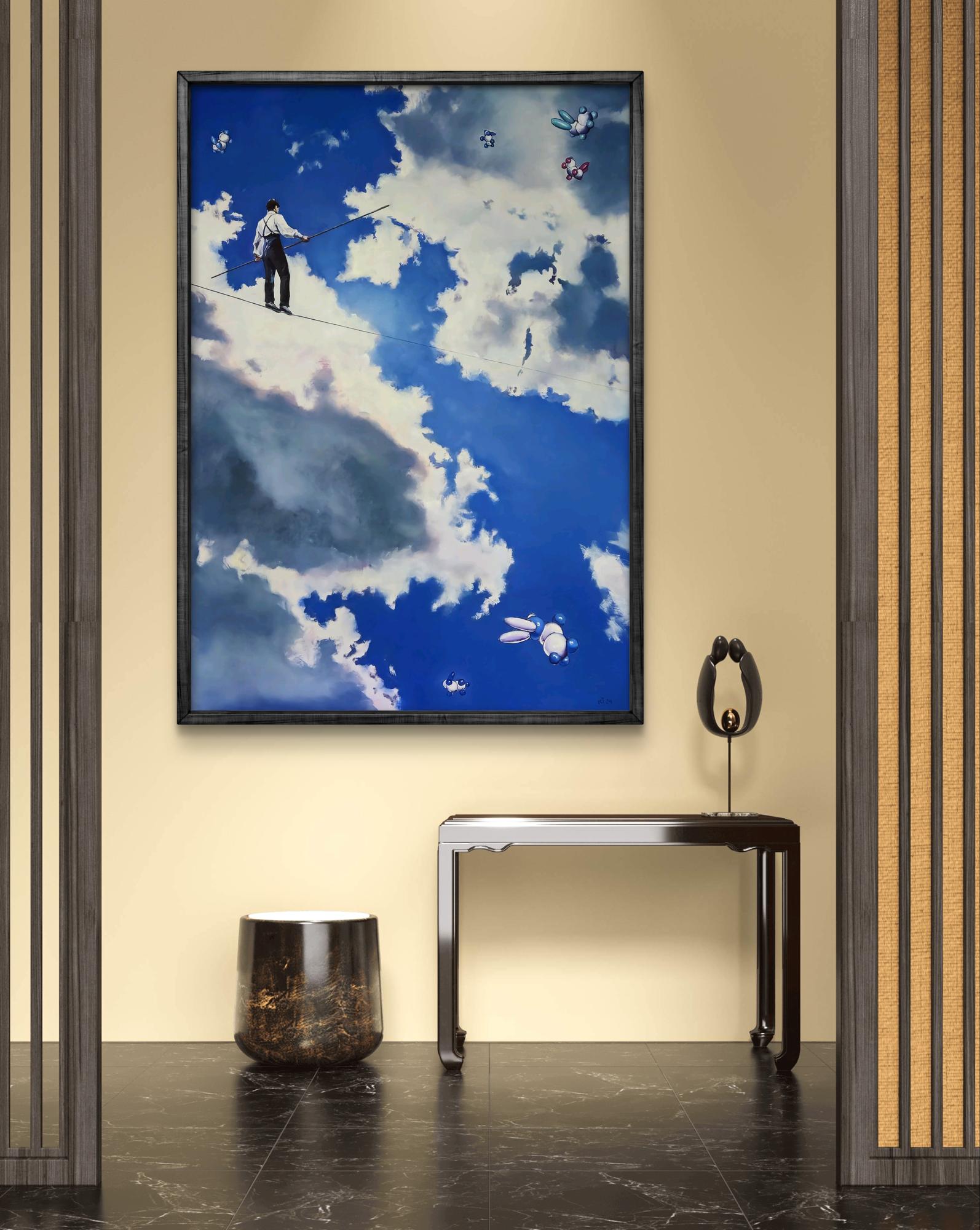 Oil painting Equilibrium Equation by Igor Konovalov: tightrope walker above clouds