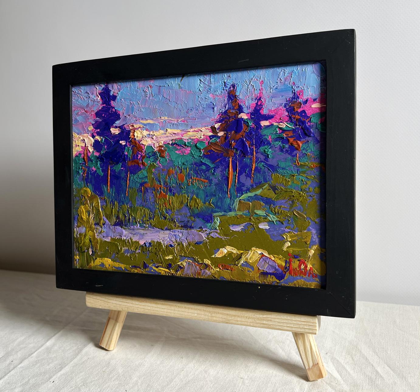 Oil painting Meeting the Dawn in Nature by Oleksiy Ivanyuk in black frame
