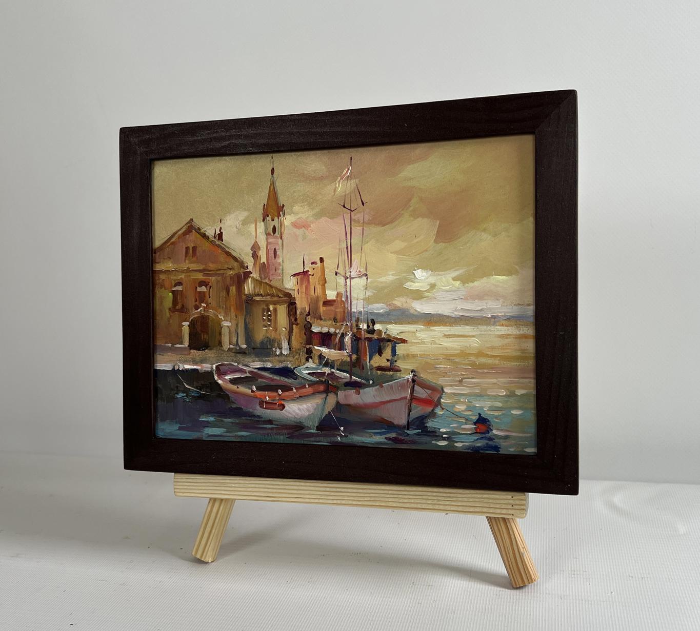Framed oil painting of sunset harbor by Yuriy Suprunchuk