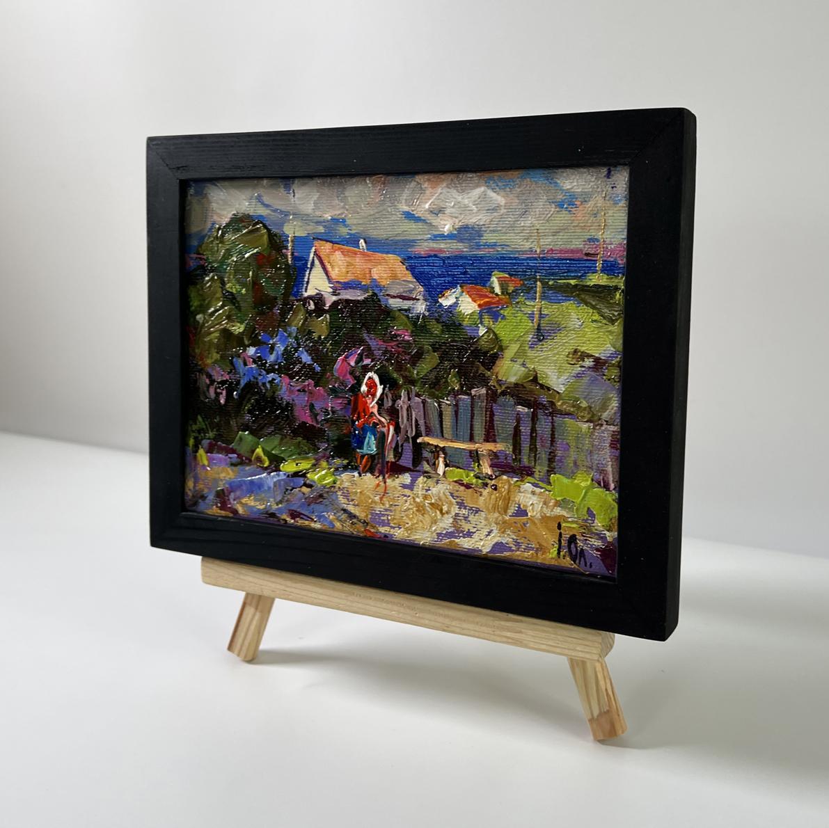 Oil painting Village Silence by Oleksiy Ivanyuk in black frame