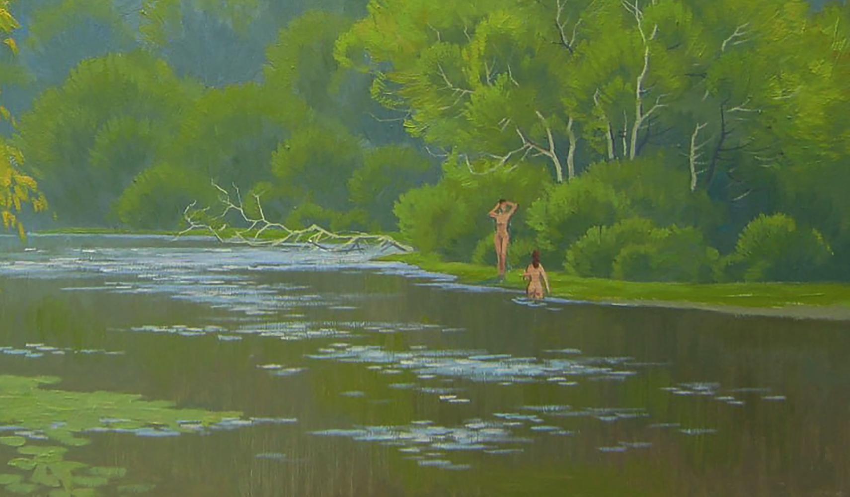 Oil painting by the summer river by Valery Savenets: two nude figures in greenish river amid lush trees