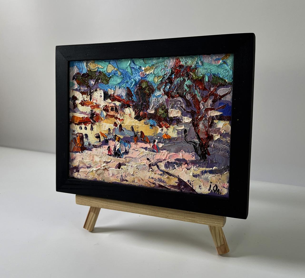 Oil painting Heat in the old town by Oleksiy Ivanyuk in black frame