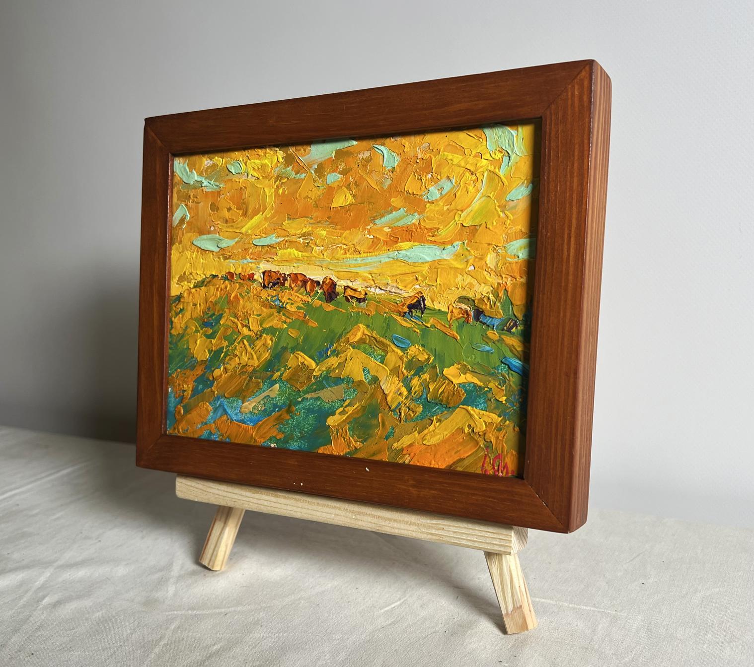 Oil painting Yellow sunset in the field by Oleksiy Ivanyuk in wooden frame