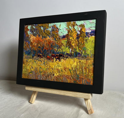 Oil painting The queue for the pasture by Oksana Ivanyuk in black frame