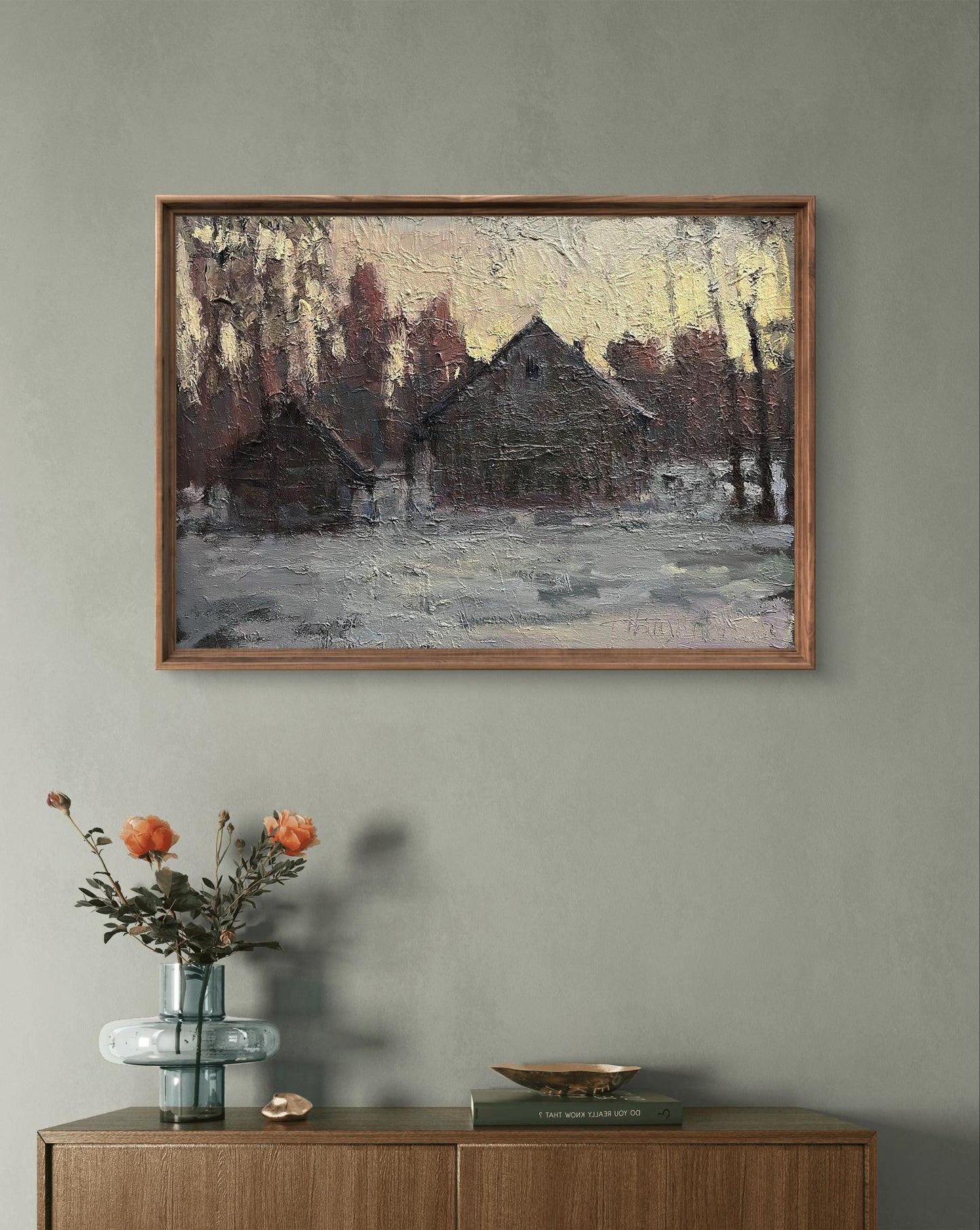 Framed Oil Painting Evening Has Come by Volodymyr Pashchenko snowy scene