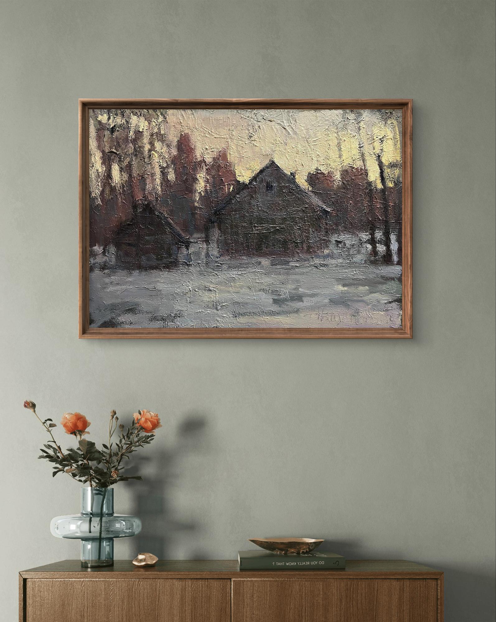 Framed Oil Painting Evening Has Come by Volodymyr Pashchenko snowy scene