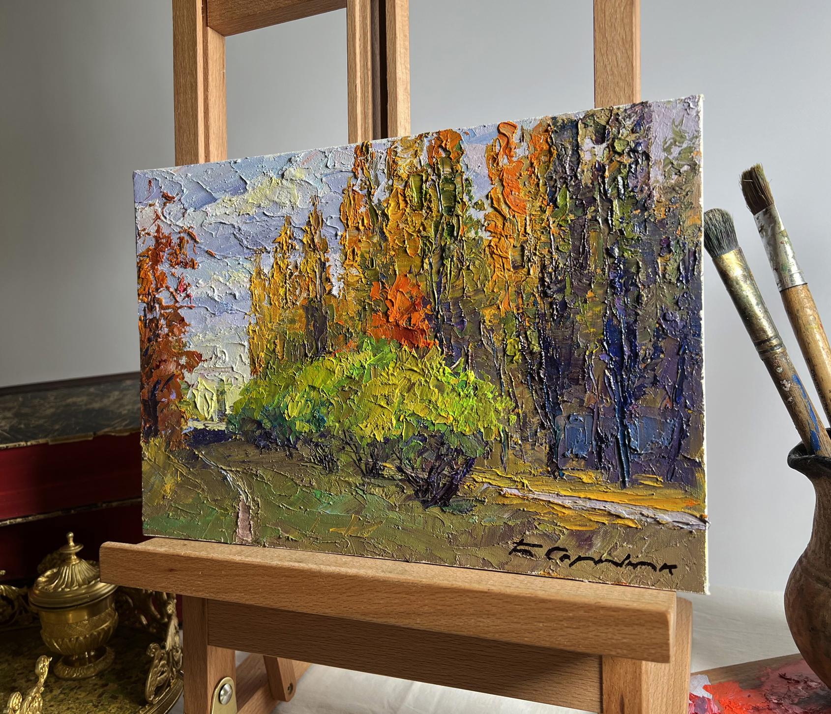 Oil painting of autumn city park by Boris Serdyuk, vibrant orange foliage