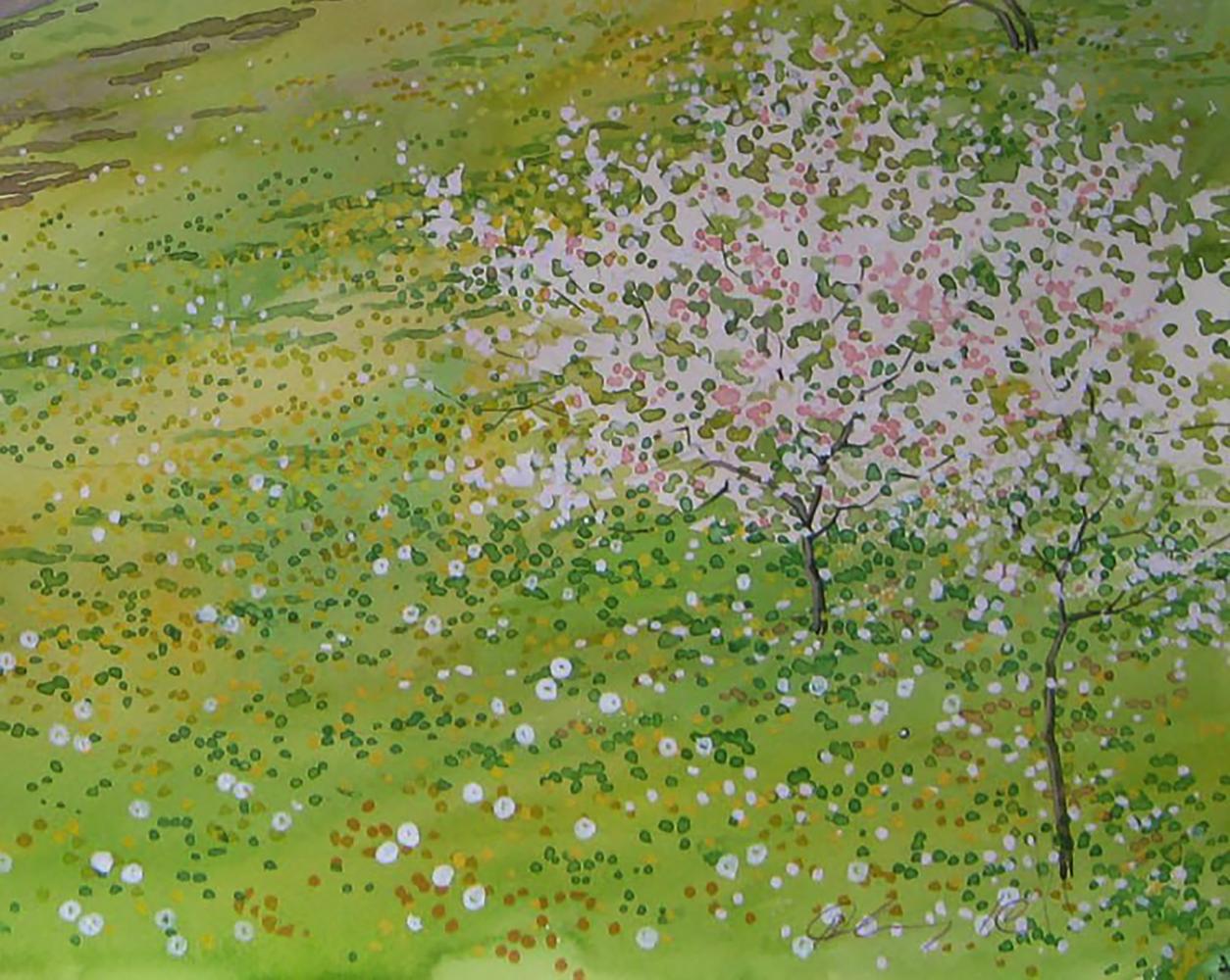 Watercolor painting of blooming tree near shore by Valery Savenets
