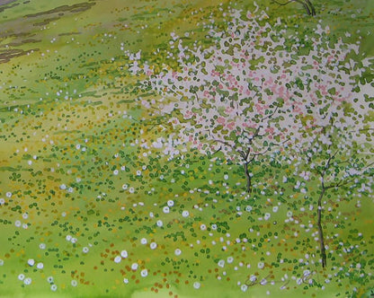 Watercolor painting of blooming tree near shore by Valery Savenets