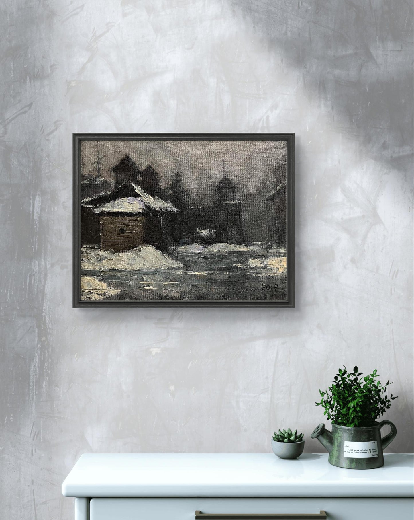 Oil painting Swedish grave by Volodymyr Pashchenko, snowy village in black frame