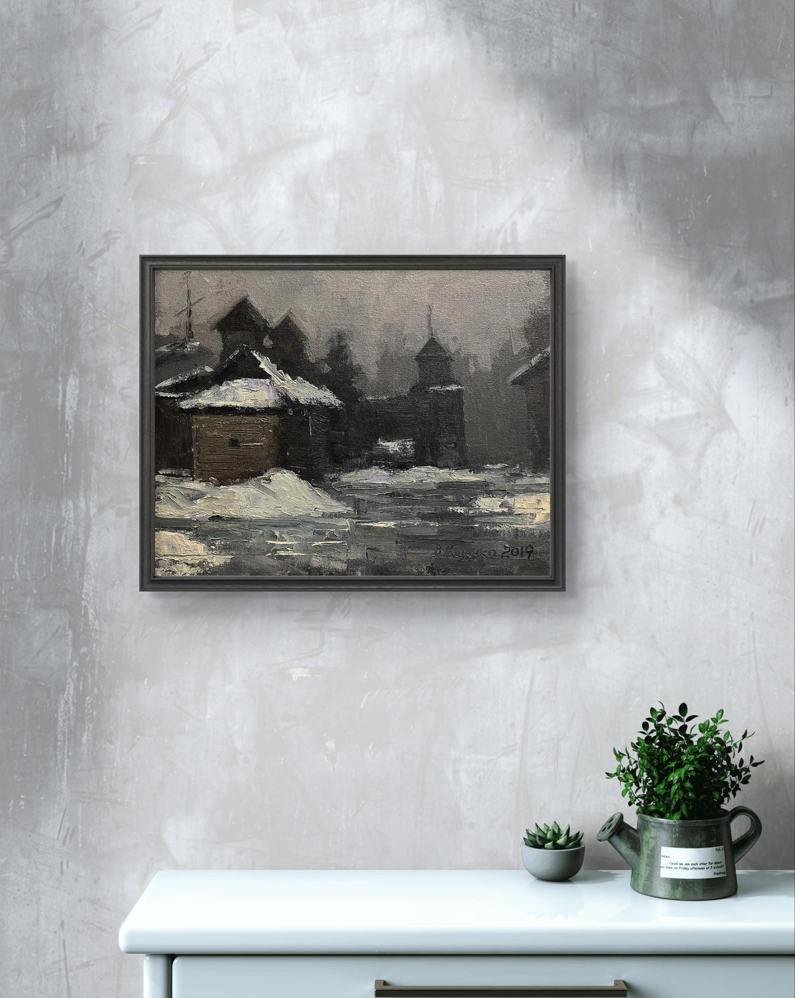 Oil painting Swedish grave by Volodymyr Pashchenko, snowy village in black frame